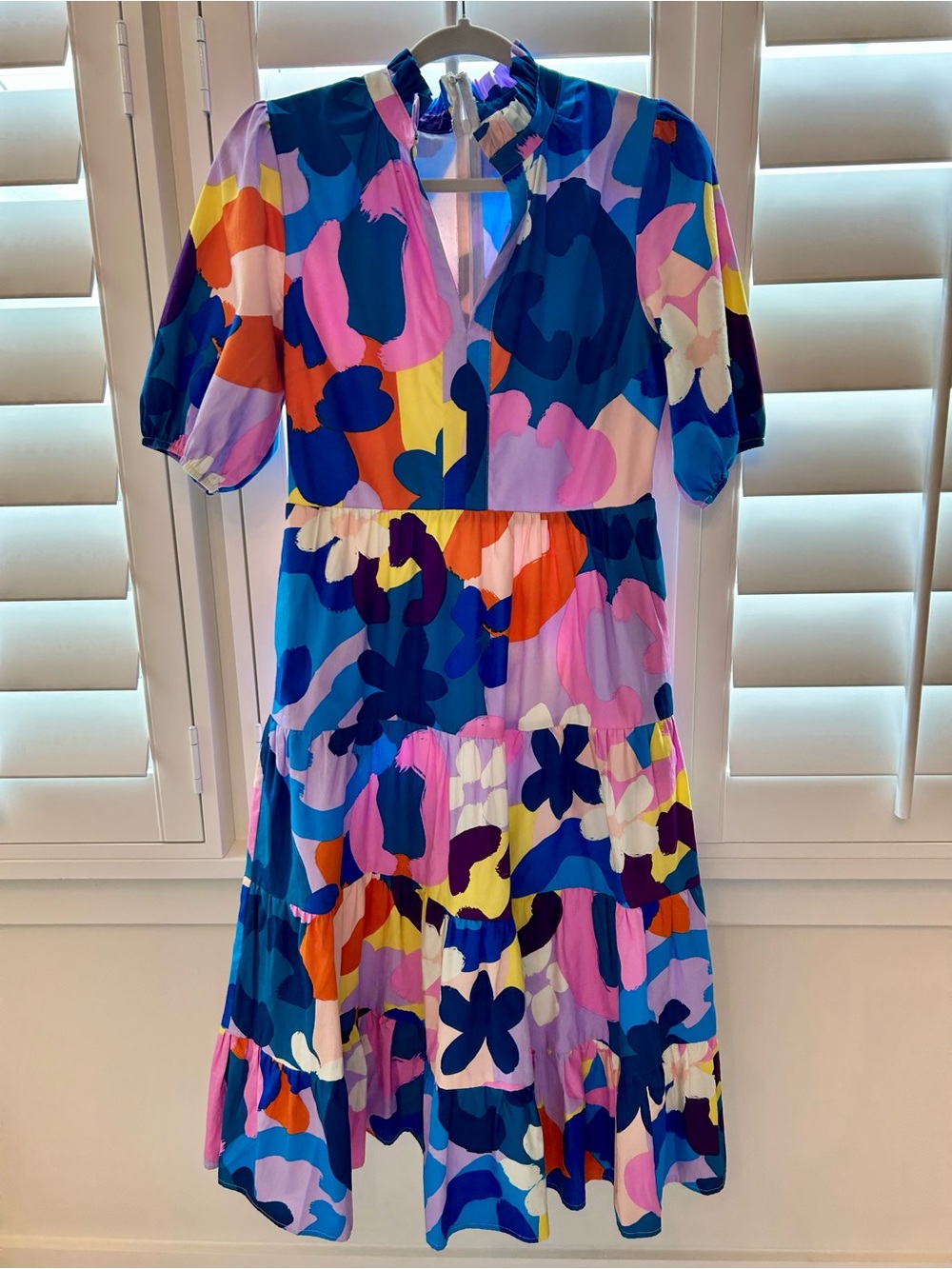 Colorful Floral Ruffle Collar Midi Dress - Multicolor